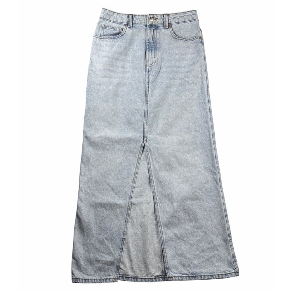 Mango MNG Womens Light Wash Denim Maxi Skirt S-Front Slit High Waist Jean Skirt - Picture 3 of 10